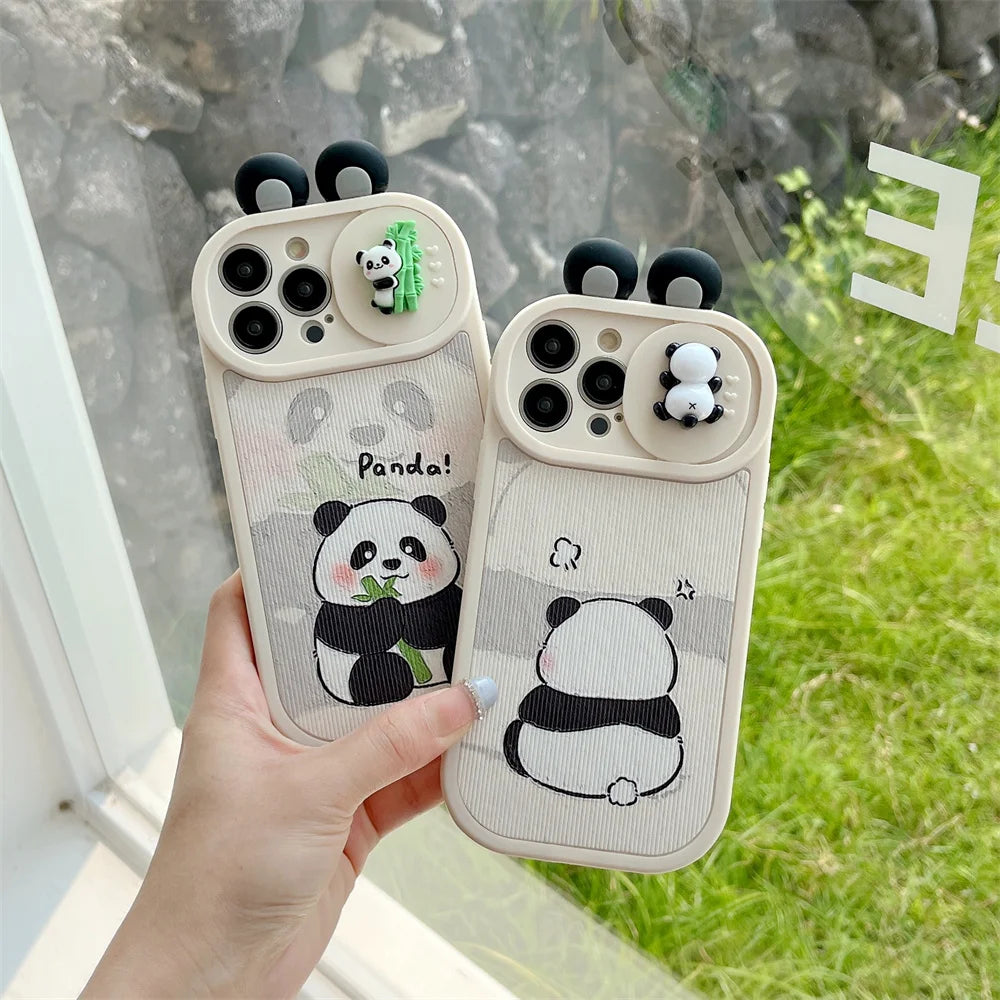 Ins 3D Panda Slide cámara protección funda de teléfono de silicona para iPhone 16 14 12 13 15 Pro Max 11 orejas de dibujos animados cubierta trasera a prueba de golpes