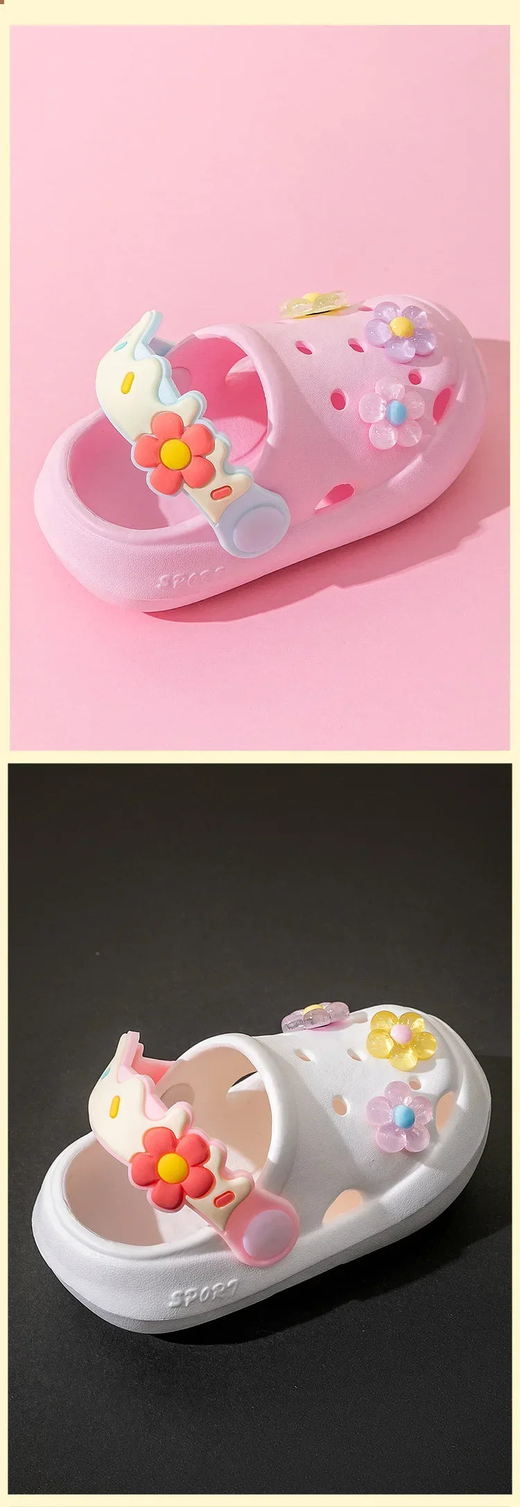 Zapatillas de verano para niños, nuevas sandalias de suela blanda con flores bonitas para bebés, sandalias antideslizantes suaves para interiores para niñas, zapatos con agujeros, zapatos de playa para niños