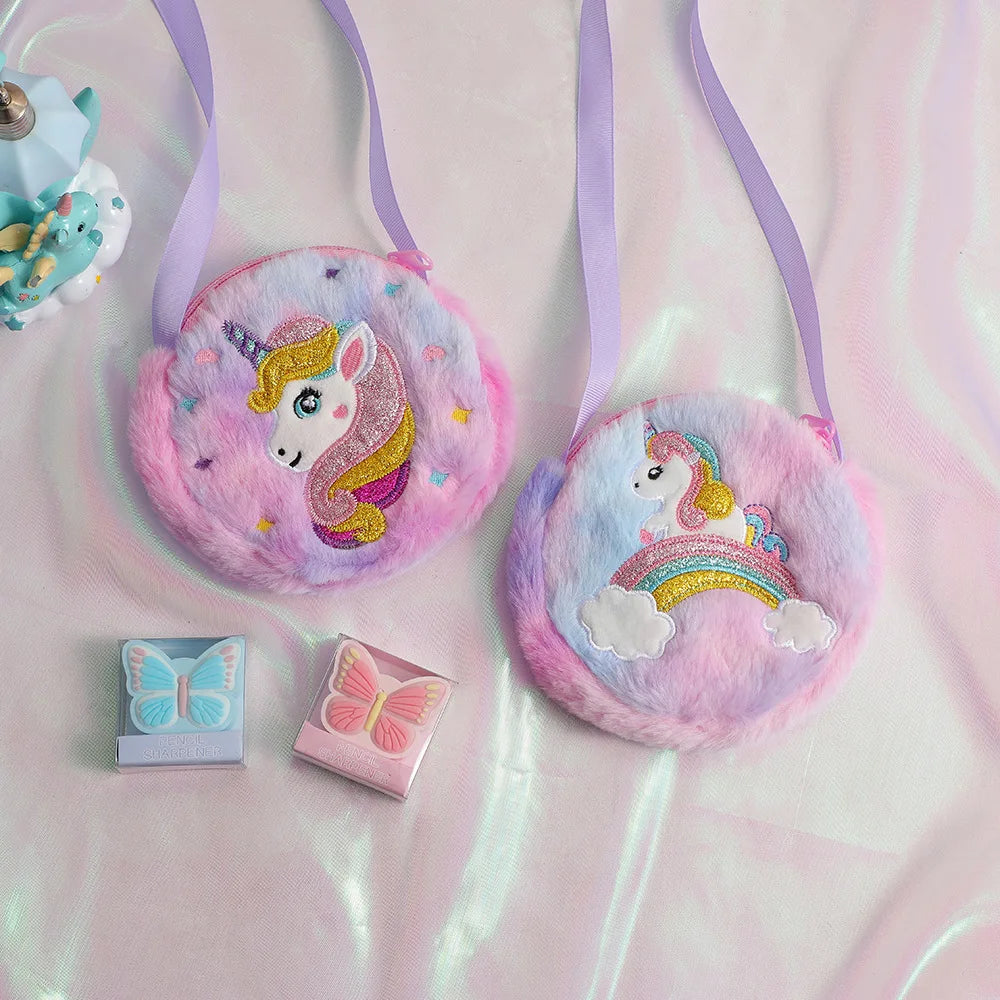Bolso cruzado de unicornio de dibujos animados para niños, bolso de hombro de felpa bonito, Mochila pequeña para niñas, adecuado para regalos de vacaciones escolares, 2 uds.