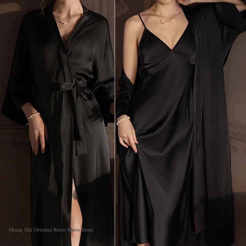 Elegante Conjunto de Bata Larga para Mujer, Lencería Sexy, Ropa de Dormir, Kimono Holgado, Bata de Baño, Vestido de Casa de Satén Sedoso, Ropa de Estar