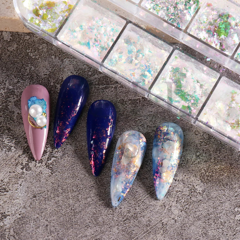 12 rejillas iridiscentes para uñas Aurora, purpurina de cristal, copos de fuego, holográficos, lentejuelas brillantes, dijes, esmalte de Gel, Flash para manicura
