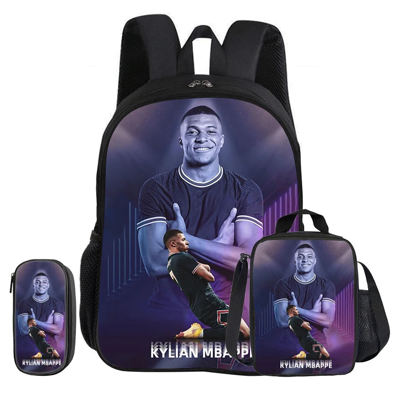 M-Mbappe-Juego de 3 piezas de mochila escolar con diseño de estrella de fútbol para niños, bolsa para lápices, mochila con bolsa para el almuerzo, mochila deportiva, regalo para niños