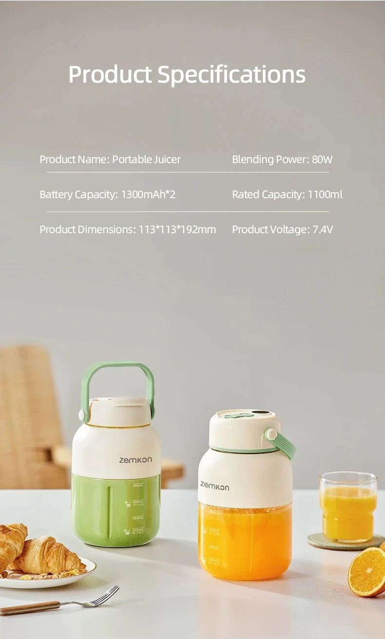 Exprimidor portátil de 1100ML, mezclador de frutas frescas, 26 cuchillas, exprimidor multifuncional recargable por USB, triturador de hielo, licuadora de batidos para el hogar