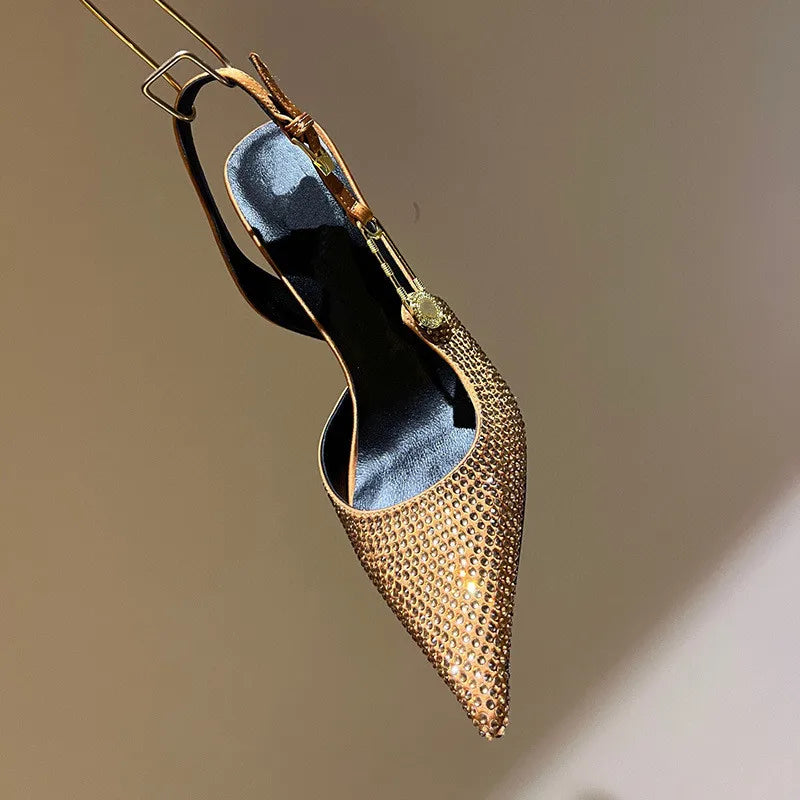 Zapatos de tacón de lujo con hebilla de lentejuelas y diamantes de imitación para mujer, zapatos de tacón alto de aguja con punta estrecha, zapatos de moda para primavera y verano