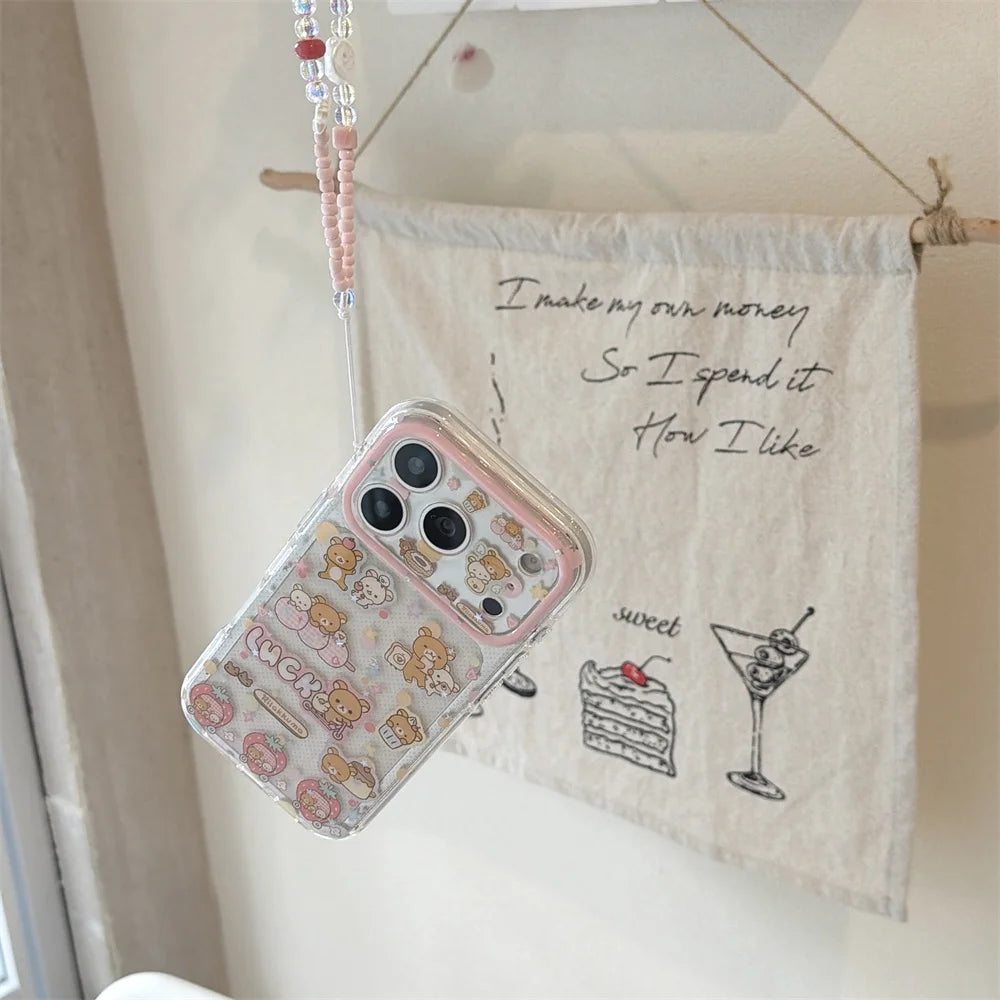 Funda de Teléfono con Diseño de Rilakkuma y Fresas para iPhone 17 Pro, 16 Pro Max, 15 Pro, con Cadena, Fundas Kawaii de Dibujos Animados, Antigolpes