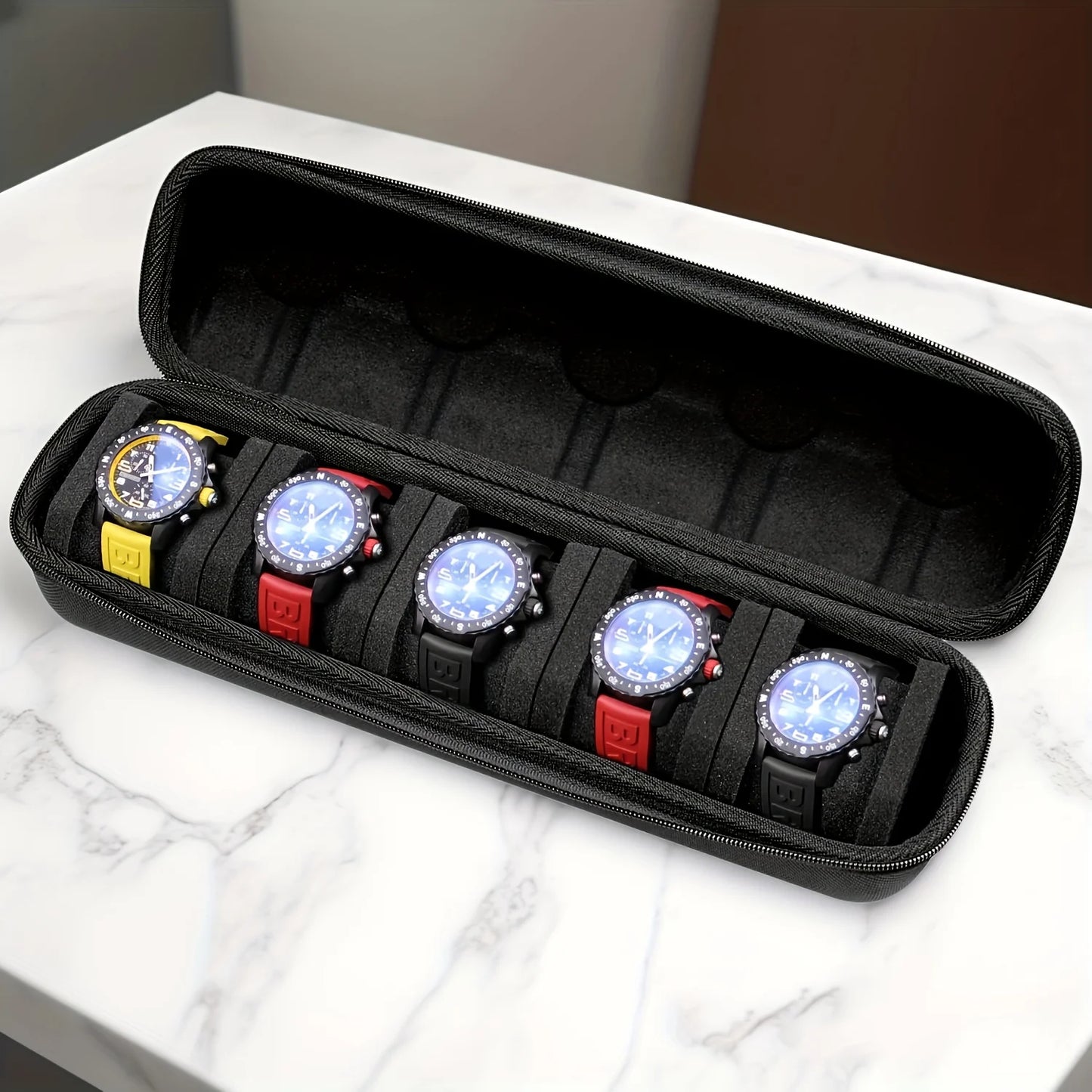 Organizador de relojes resistente con tapa abatible, caja de almacenamiento de relojes con 5 ranuras, Interior resistente a los arañazos, caja de reloj portátil, 1 ud.