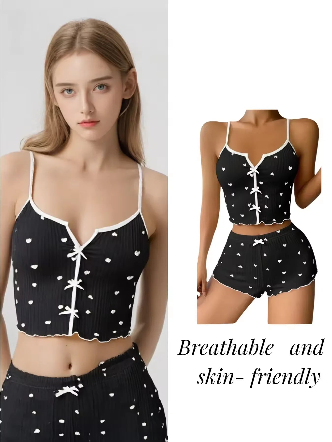 Ropa de dormir Sexy para mujer, conjunto de pijamas con estampado de corazón de seda, cuello en V, sin mangas, camisola informal, conjuntos de Top y pantalones cortos, traje para casa, ropa de descanso
