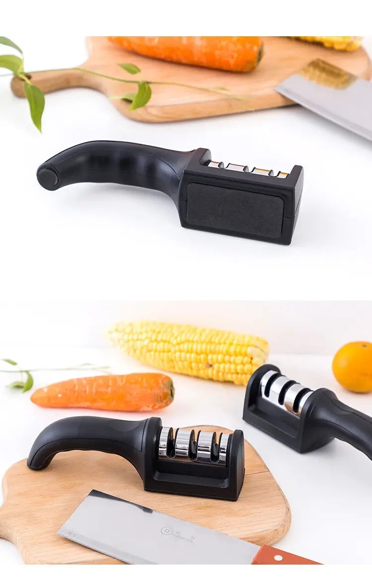 Afilador de cuchillos de tres segmentos para cocina, herramienta de cocina de piedra para afilar de tres usos, multifuncional, color negro, 1 ud.