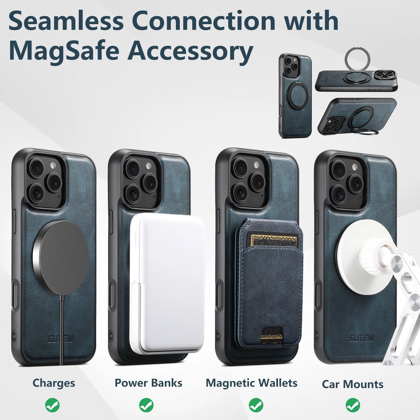 Carga inalámbrica MagSafe compatible con magnético fuerte 360 °   Funda de teléfono de cuero PU con soporte de anillo giratorio para iPhone 17 16 15 14 13 12