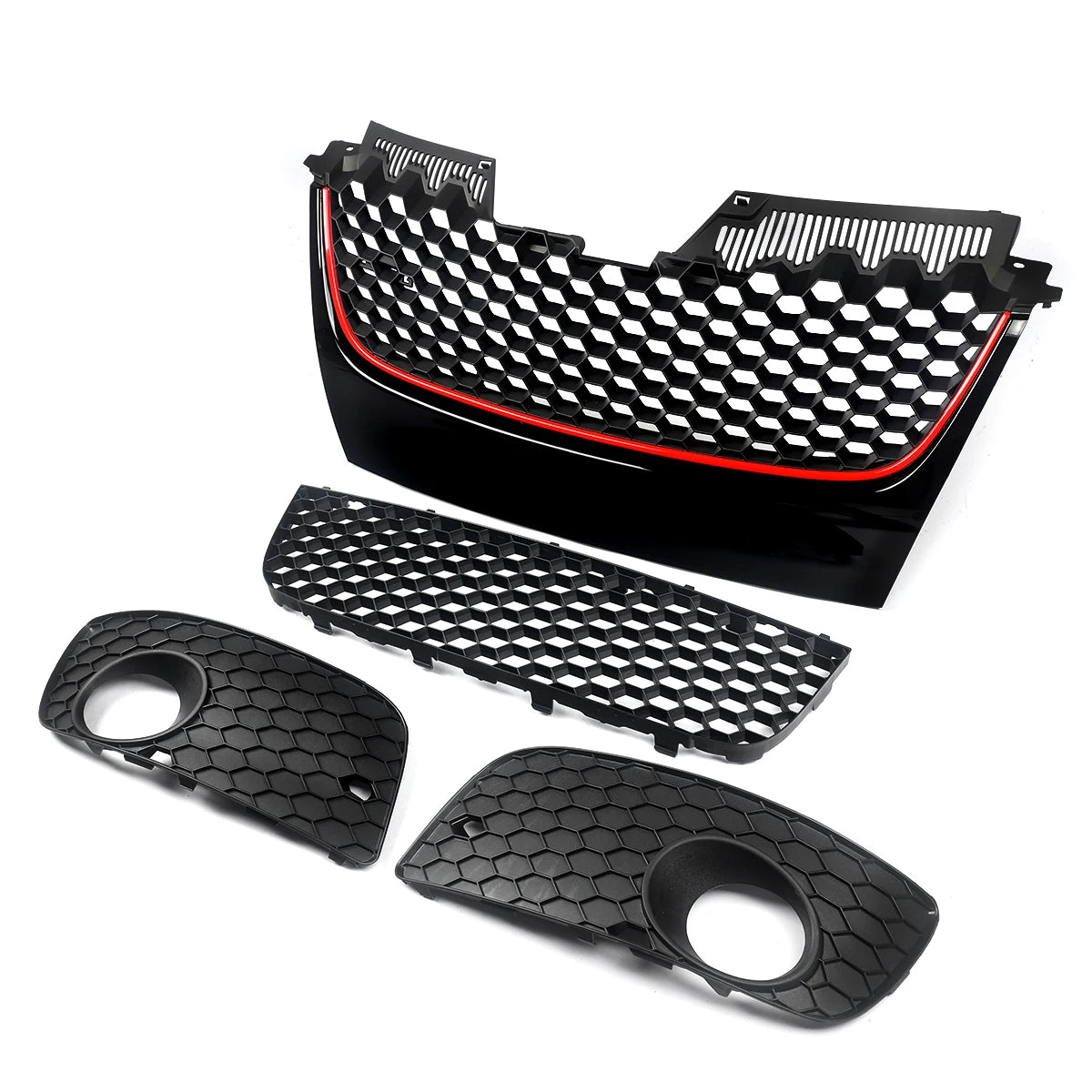 Parachoques delantero superior e inferior, rejilla de malla, moldura roja para 06-09 VW Jetta GTI GLI /MK5