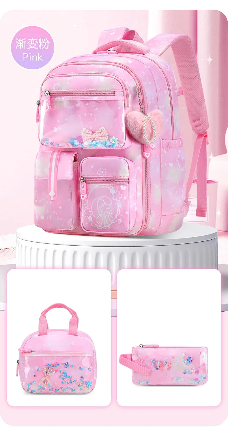 Mochila Escolar 2026 con Colgante de Amor, Juego de 3 Piezas, Decoración de Mariposas, Mochilas Escolares para Niñas, Estilo Princesa