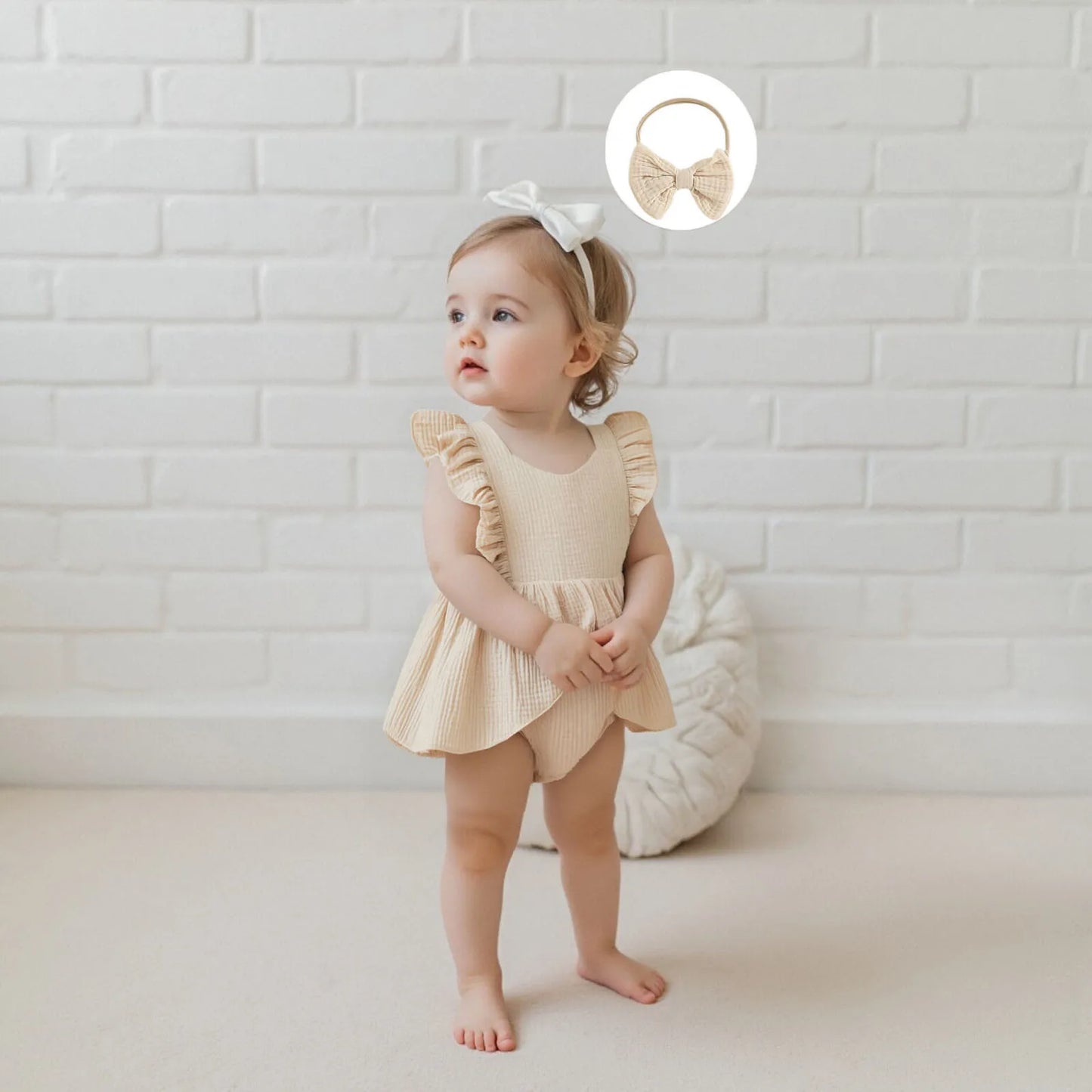 FOCUSNORM 0-18M encantador vestido mameluco para niñas cuello cuadrado manga voladora monos de Color sólido con conjunto de diadema con lazo