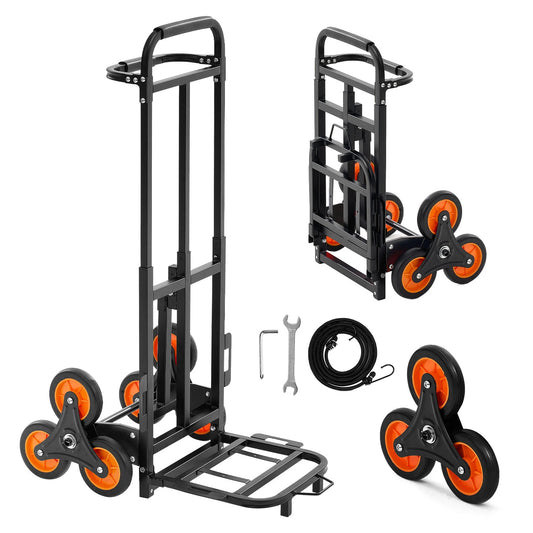 VEVOR Carretilla de Mano Plegable con Asa Telescópica, Carga Máxima 100 kg, Carro Sube Escaleras Marco Resistente de Acero al Carbono con 2 Cuerdas y 6 Ruedas, para Compra Hogar Almacén y Oficina