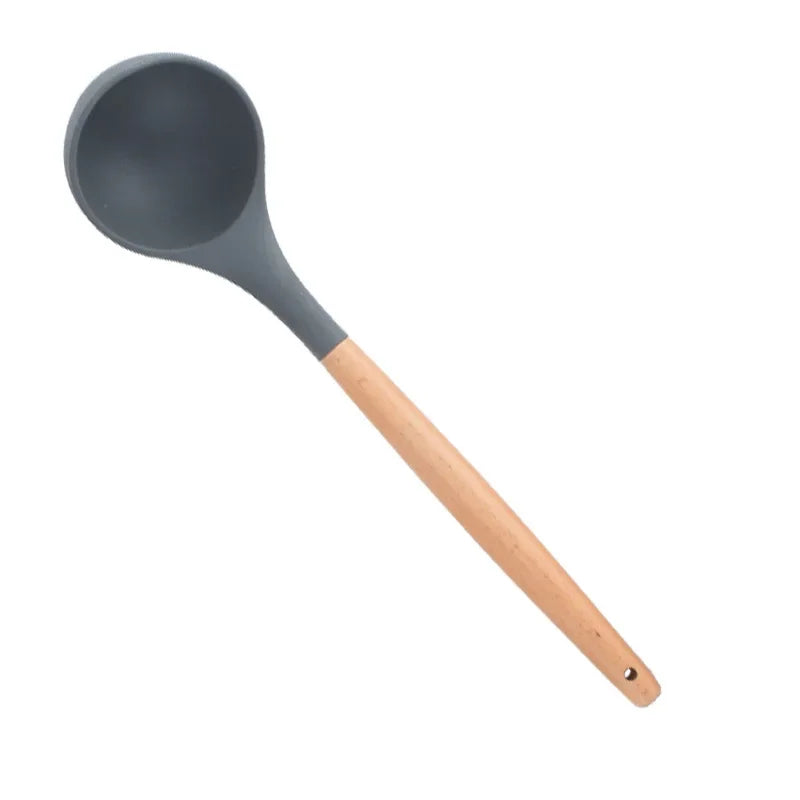 Utensilios de cocina de silicona con mango multifunción de madera, espátula antiadherente, cucharón, batidor de huevos, pala, rosa, nuevo