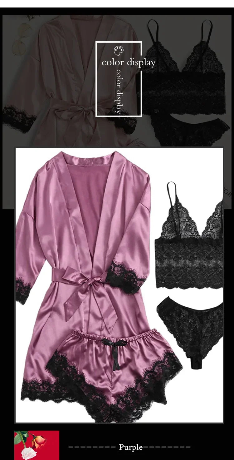 4 piezas ropa de dormir para mujer pijamas Ser con bata lencería de encaje Sexy Albornoz satén de seda ropa de dormir para el hogar bata