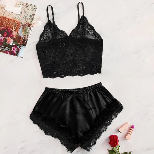 Pijamas transparentes de encaje para mujer, ropa bonita, cómoda y transpirable, conjunto de pantalones cortos con tirantes, color negro y rosa, 2 uds., verano 2024