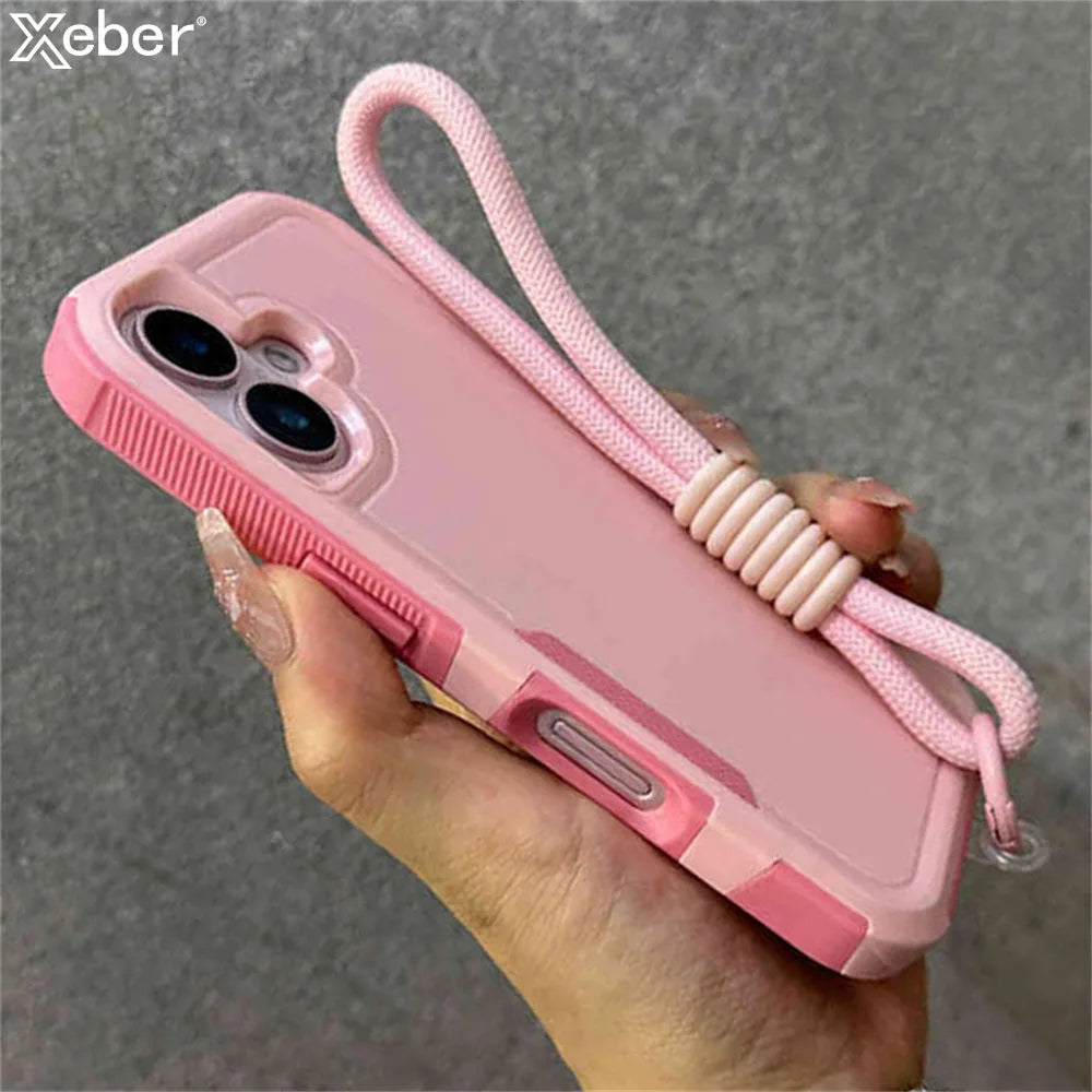 Armadura de parachoques híbrida de lujo, pulsera, correa para muñeca, cordón, funda de teléfono para iPhone 17 16 11 12 13 14 15 Pro Max XR, funda a prueba de golpes