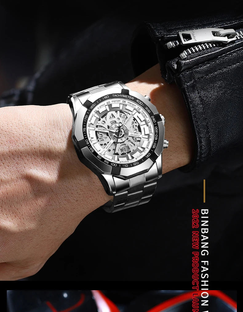 Relojes BINBONG de negocios para Hombre, Reloj de cuarzo luminoso con calendario resistente al agua para Hombre, Reloj de acero inoxidable para Hombre