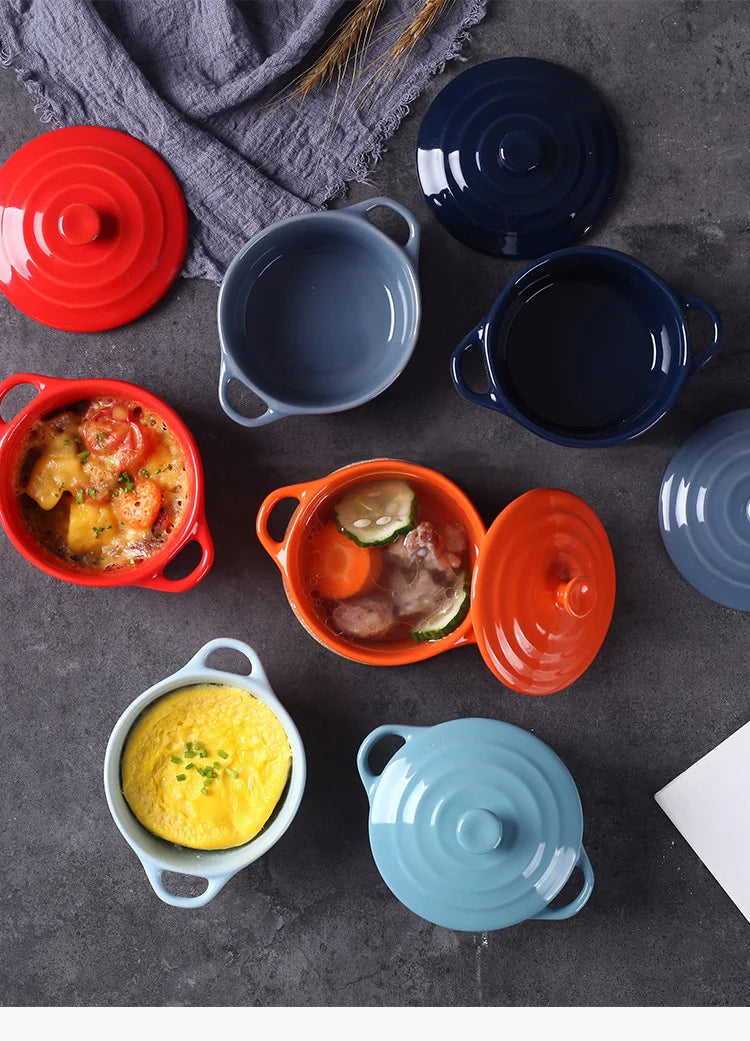 Mini olla de sopa de cerámica con cubierta para niños, tazón de huevo para estofado, tapa, cacerola para restaurante, cocina casera, ollas de cocina usadas