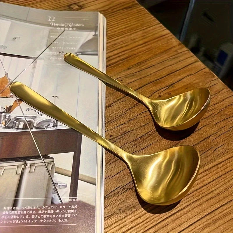 Cucharas grandes de acero inoxidable dorado, para olla caliente, sopa, gachas, asas largas, utensilios elegantes de cocina y comedor, cuchara, 2 uds.