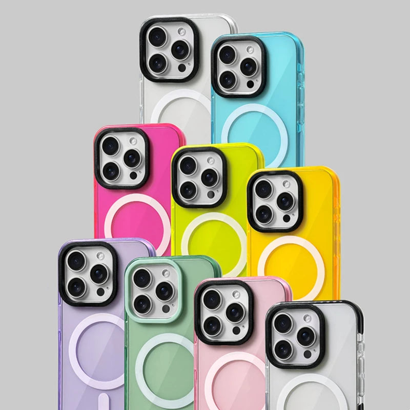 Funda Transparente de Silicona Suave con Carga Inalámbrica MagSafe en Colores Neón para iPhone 17, 17 Pro Max, 15, 16 Pro, 13, 14, 12