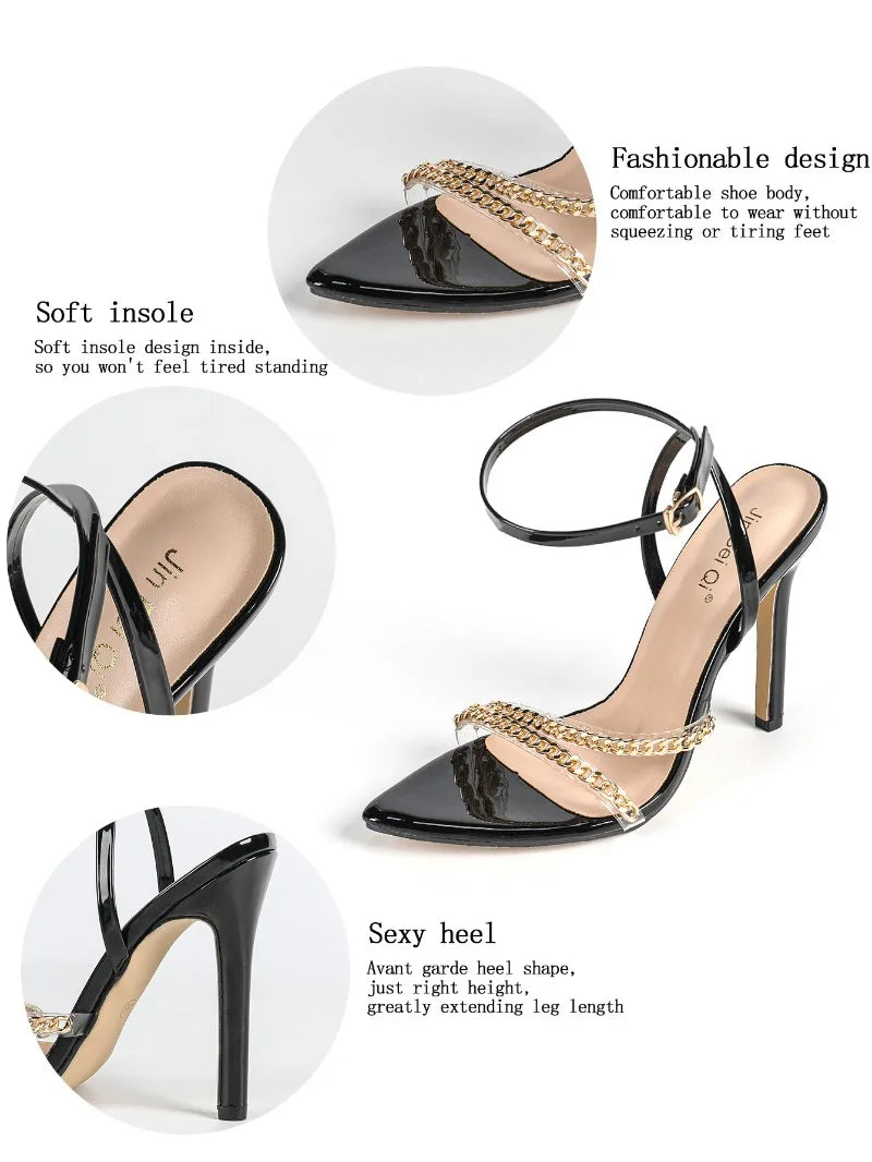 Sandalias de tacón alto para mujer, sandalias de tacón de aguja puntiagudas sexys, sandalias de moda con correa en el tobillo, sandalias con hebilla de una sola tira, sandalias de diseñador con cadena metálica
