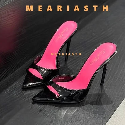 2025 verano 10 cm/12 cm zapatillas de tacón alto para mujer moda puntiaguda zapatos de Muels con punta abierta señoras elegante vestido de fiesta Sandalias