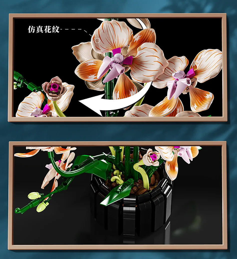 Orquídea creativa Cymbidium flores eternas planta en maceta bloques de construcción simulación Phalaenopsis DIY ladrillos juguetes regalo de San Valentín
