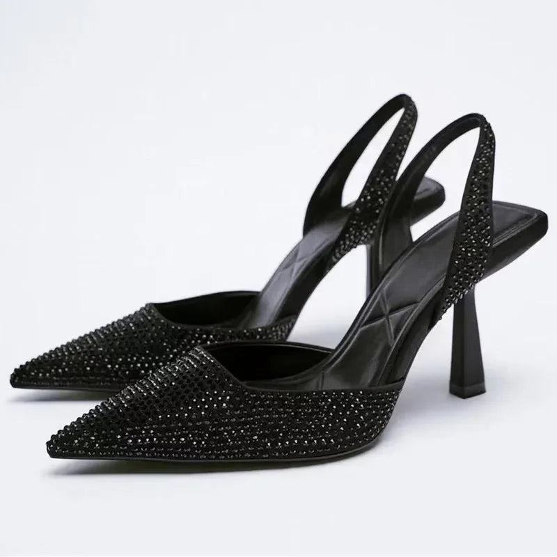 Zapatos de tacón alto 2025, novedad de verano, sandalias de marca para mujer, zapatos de tacón alto con hebilla de cristal a la moda, zapatos dorados elegantes para fiesta para mujer