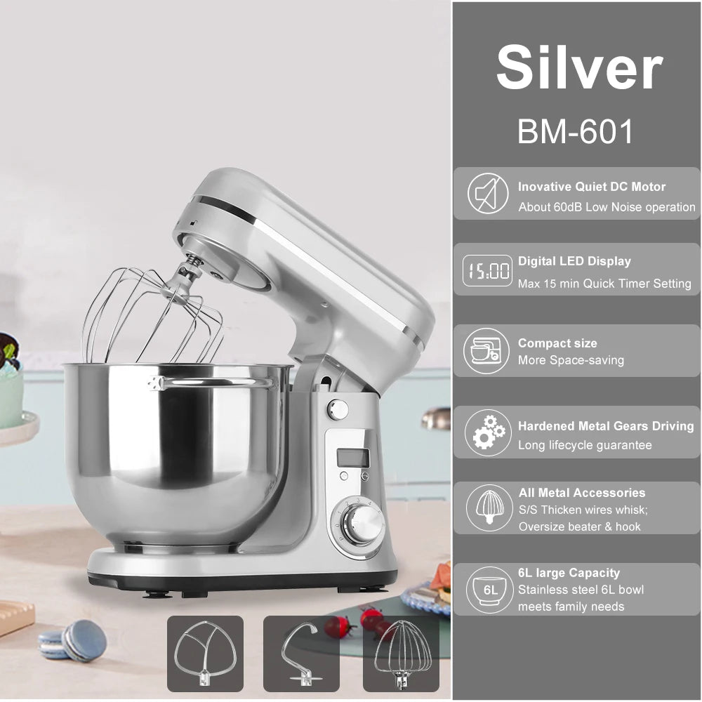 BioloMix Batidora de pie para alimentos de cocina, licuadora, motor silencioso, batidor de huevos y crema, amasadora de masa, 6 velocidades, 1200 W, 6 L, CC