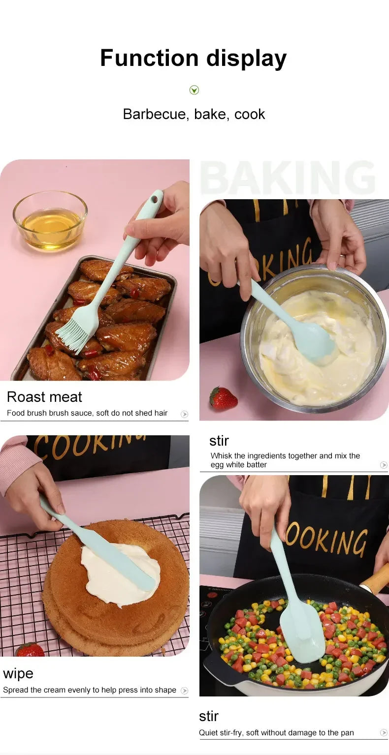 Juego de utensilios de cocina de silicona de 6 piezas, espátula integrada color crema, cepillo para aceite, juego de espátulas de diferentes tamaños