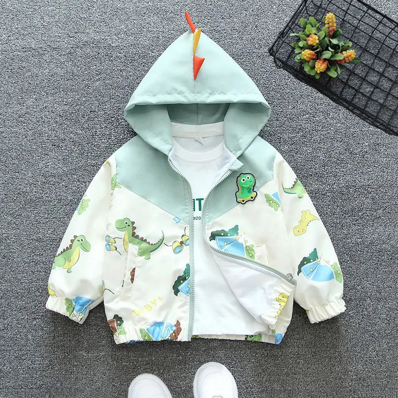 Chaqueta con capucha de dinosaurio de dibujos animados para niños pequeños, ropa de abrigo informal, rompevientos, abrigos para niños de 1 a 6 años, Primavera