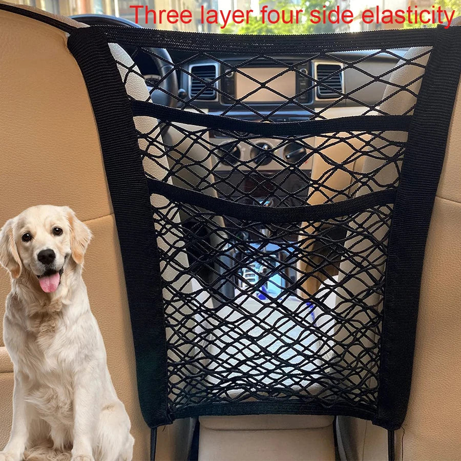 Barrera de coche para mascotas, barrera de coche para perros con bolsa de almacenamiento de malla de seguridad automática, protector de barrera para mascotas, Protector de seguridad para asiento trasero, red de malla