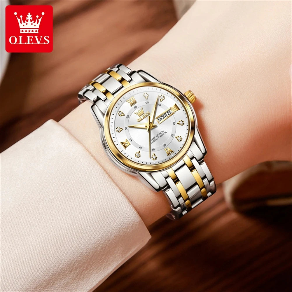Relojes OLEVS para mujer, reloj de pulsera luminoso resistente al agua de acero inoxidable Original dorado a la moda, reloj clásico elegante para mujer con fecha