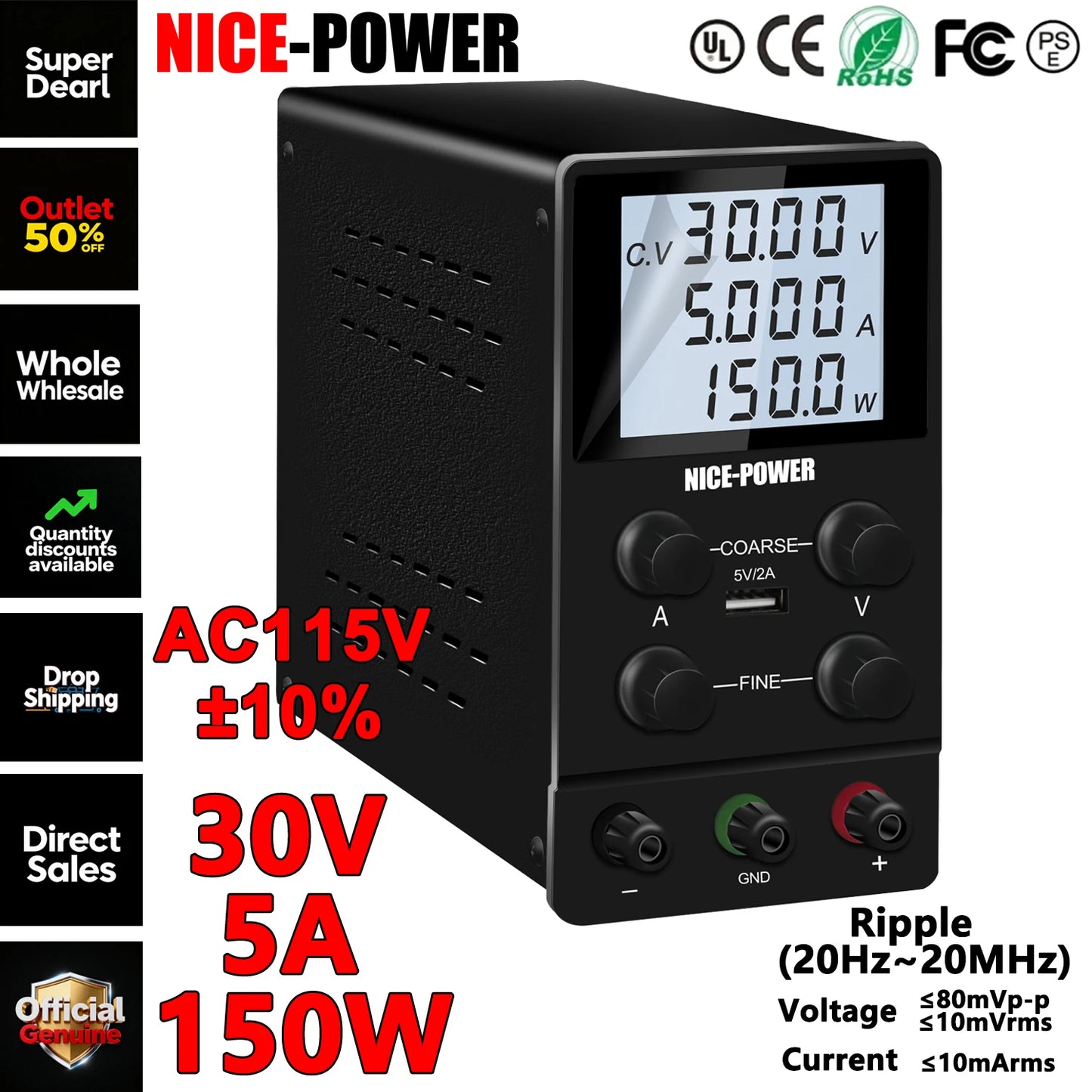 NICE-POWER Fuente de alimentación CC Variable, conmutada ajustable, fuentes de alimentación de laboratorio de banco regulado de alta precisión, interruptor CC/CV automático