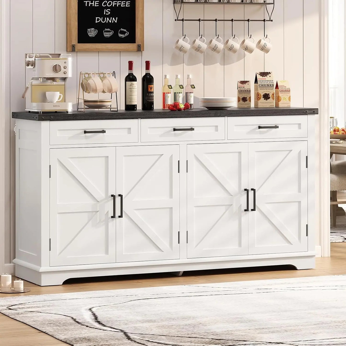 59" Large Buffet Cabinet with 4 Doors 3 Drawers Adjustable Shelves Coffee Wine Bar Storage Living Room, Customized
