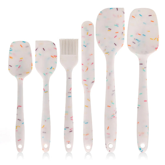 Juego de utensilios de cocina de silicona de 6 piezas, espátula integrada color crema, cepillo para aceite, juego de espátulas de diferentes tamaños