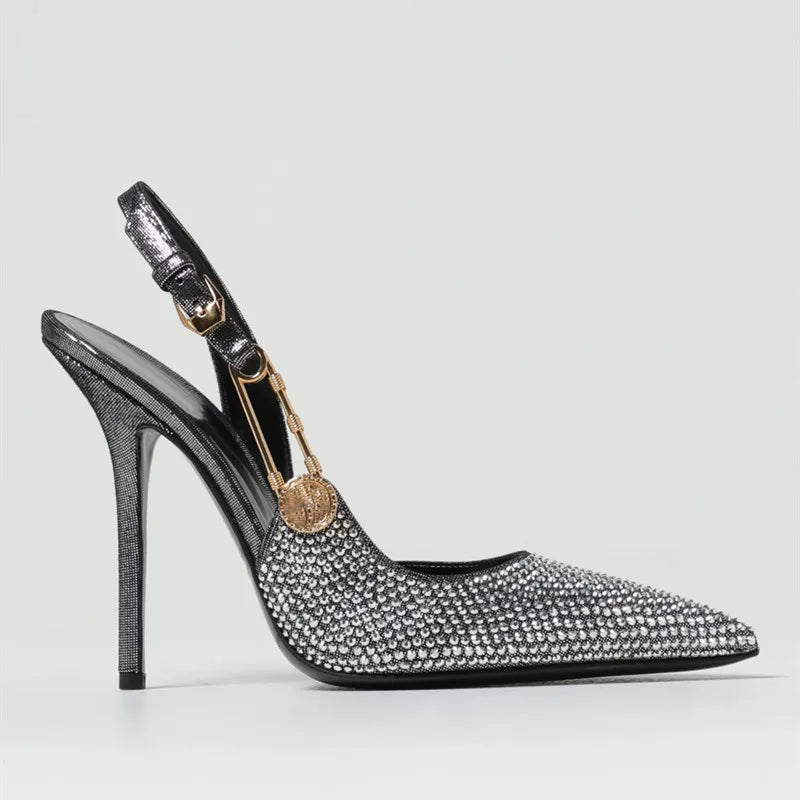 Zapatos de tacón de lujo con hebilla de lentejuelas y diamantes de imitación para mujer, zapatos de tacón alto de aguja con punta estrecha, zapatos de moda para primavera y verano