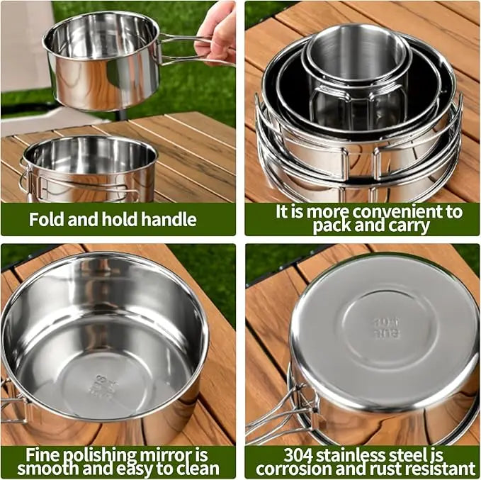 Juego de utensilios de cocina para acampar, olla de cocina de acero inoxidable con sartén, utensilios de cocina portátiles para exteriores, olla para Picnic, mochilero, Camping y senderismo