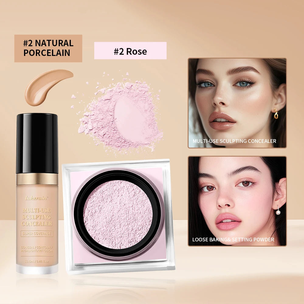 Juego de maquillaje facial de 2 piezas con corrector y polvo fijador suelto, acabado mate natural para el rostro, cosméticos para mujer, maquillaje coreano