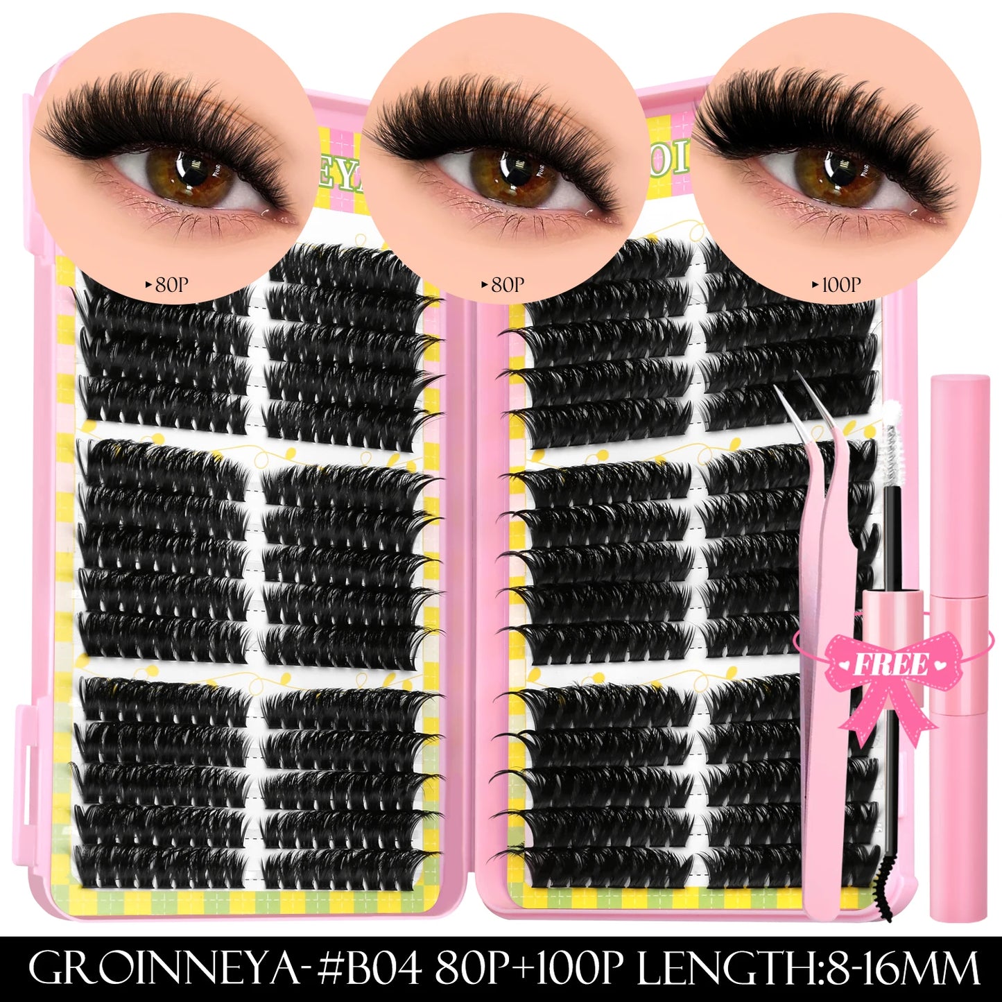 GROINNEYA Clusters de pestañas 540 Uds Kit de extensiones de pestañas de gato Kit de pestañas en racimo con Kit de maquillaje de pestañas Bond & Seal