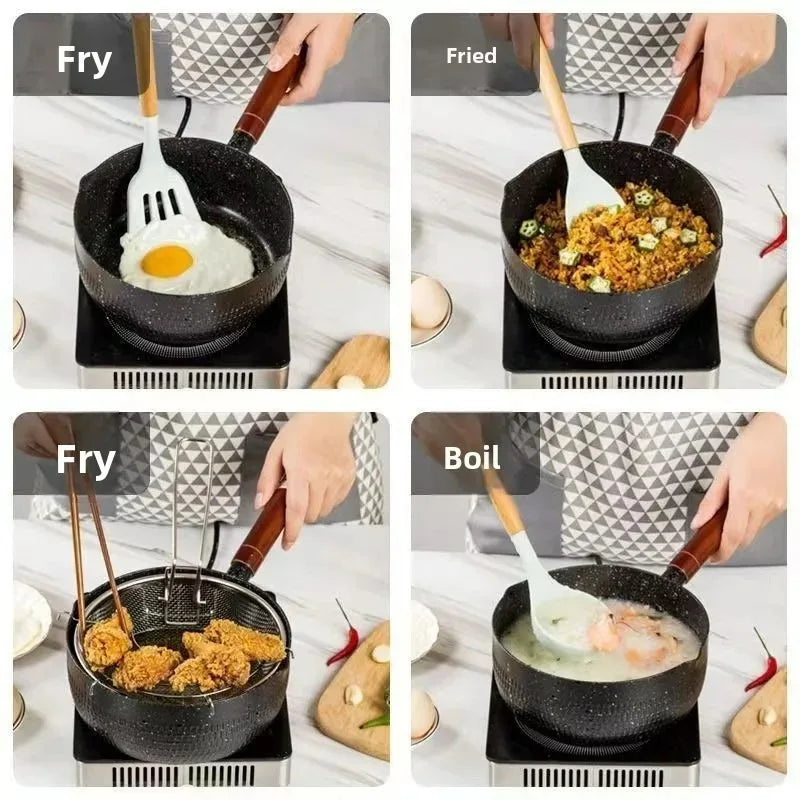 Cacerola antiadherente de 14cm/16cm con mango de madera y boquilla para verter, ideal para salsas y leche, nueva para cocina doméstica.