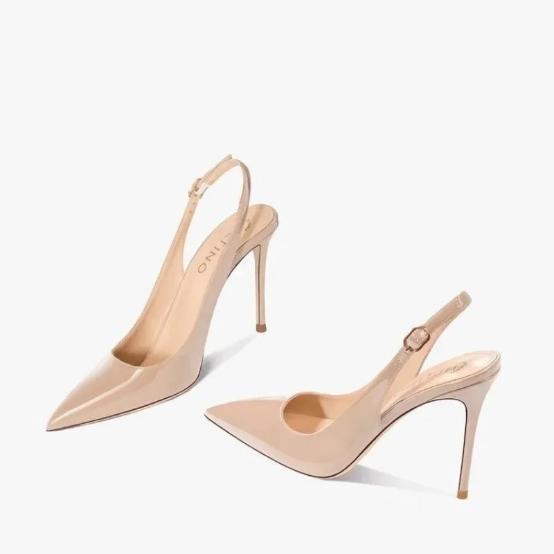 Sandalias sexis de tacón alto con puntas puntiagudas y elegantes zapatos de mujer de fiesta de moda con tiras de charol de verano 2025