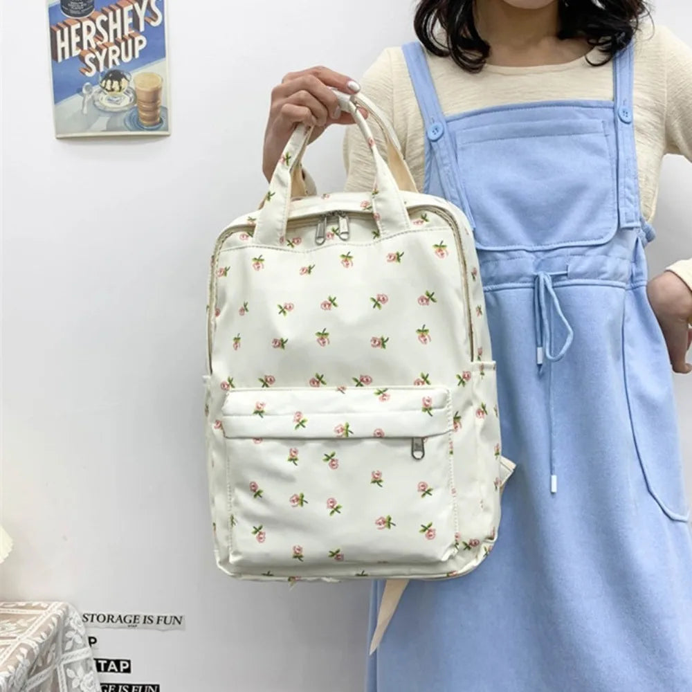 Mochila de moda de gran capacidad para mujer, mochila con estampado de flores y asa para estudiantes, mochila escolar de nailon de estilo japonés para estudiantes