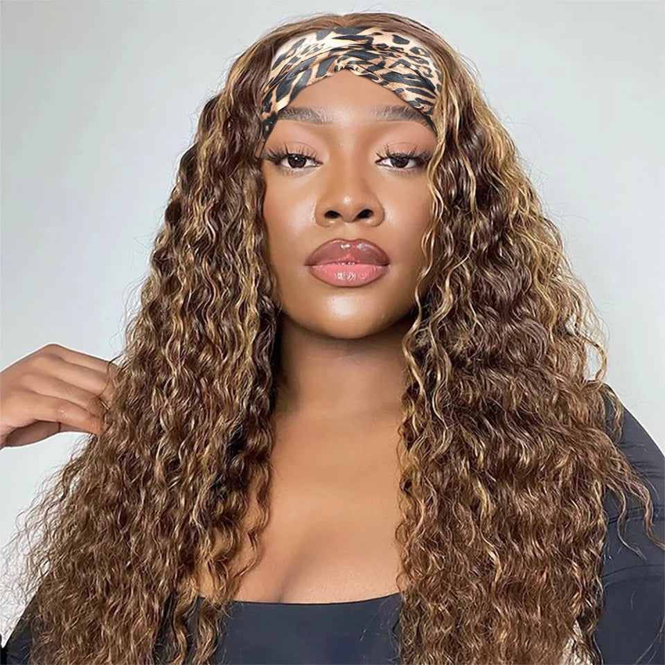 Peluca con diadema P4/27, cabello humano resaltado, pelucas de cabello humano rizado de onda profunda de 250 de densidad, peluca completa hecha a máquina de color rubio miel