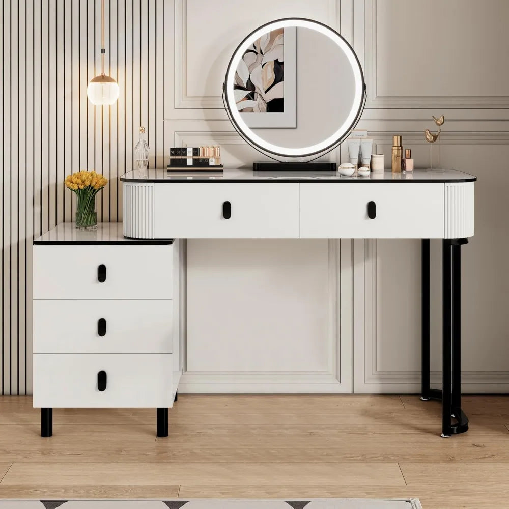 Pequeño tocador de maquillaje con espejo y luces LED |   Tocador moderno estriado con cajones y cabina lateral ajustable reversible