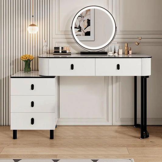 Pequeño tocador de maquillaje con espejo y luces LED |   Tocador moderno estriado con cajones y cabina lateral ajustable reversible