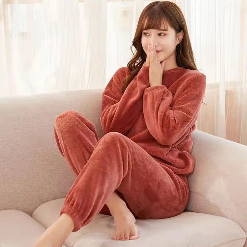 Pijamas de invierno para parejas, conjunto de pijamas suaves y cálidos de lana Coral, se puede usar en el exterior, pantalones holgados con cintura elástica, ropa de ocio para el hogar