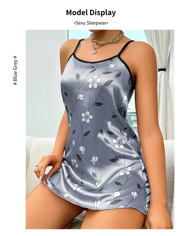 Camisón Sexy con tirantes para mujer, lencería Sexy de satén de seda, ropa de dormir con pintura Floral, minivestido para el hogar