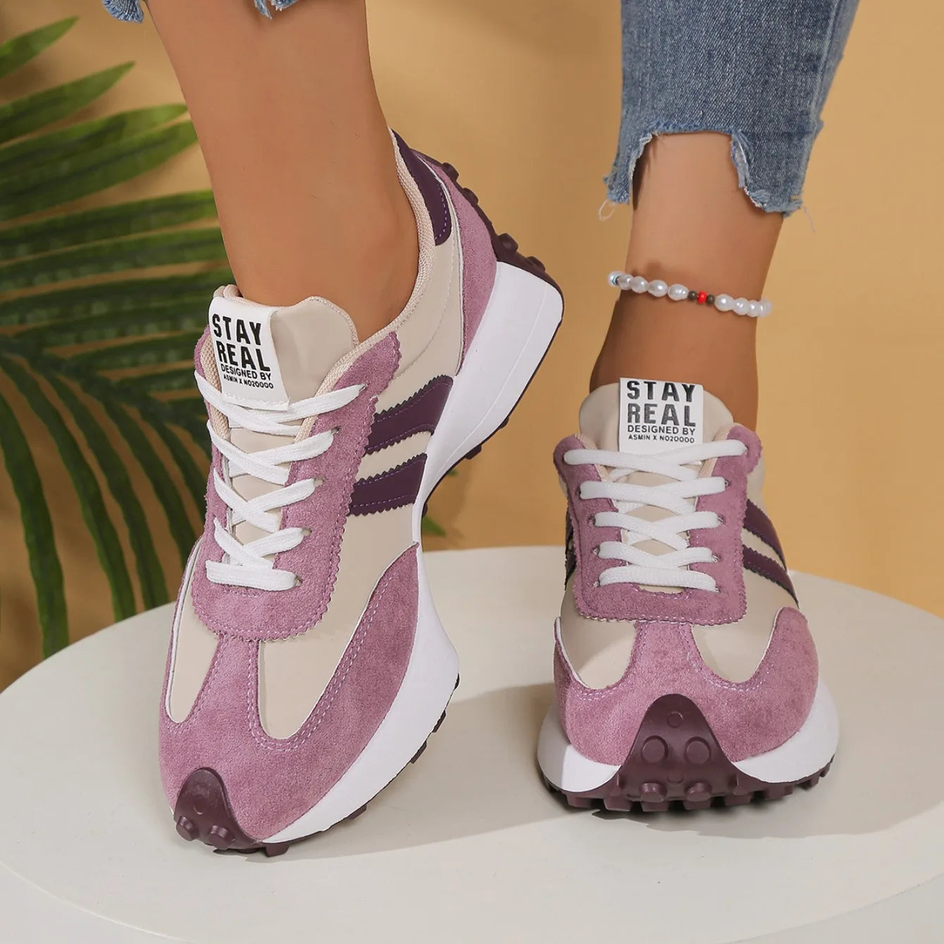 Zapatillas de deporte de fondo grueso para mujer, zapatillas de deporte informales de cuero con retales, zapatos cómodos informales para exteriores, primavera 2025